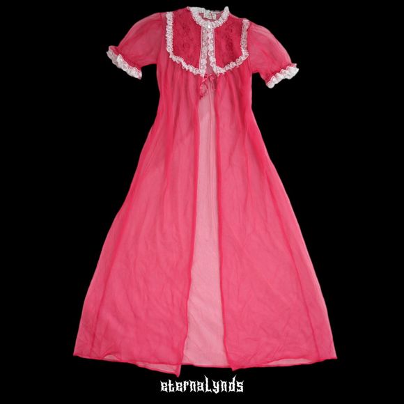 Vintage 60s Shannon Lee Slip Dress Petticoat Robe Women's M/L Pink Lace Sheer - Picture 2 of 11